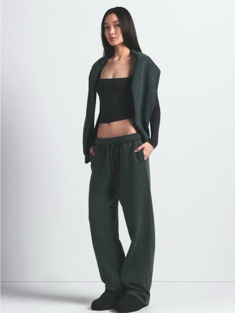 SKIMS Spruce Green Cotton Fleece Straight Leg Pants